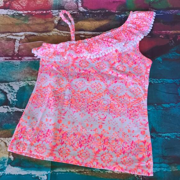 Arizona Jean Co Girls Tank Size Large 6 Fun Orange Pink One Shoulder Ruffle NEW - Picture 4 of 6